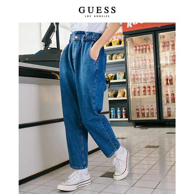 GUESS女士纯棉宽松风纯色直筒牛仔长裤-Q1FA23W55R9
