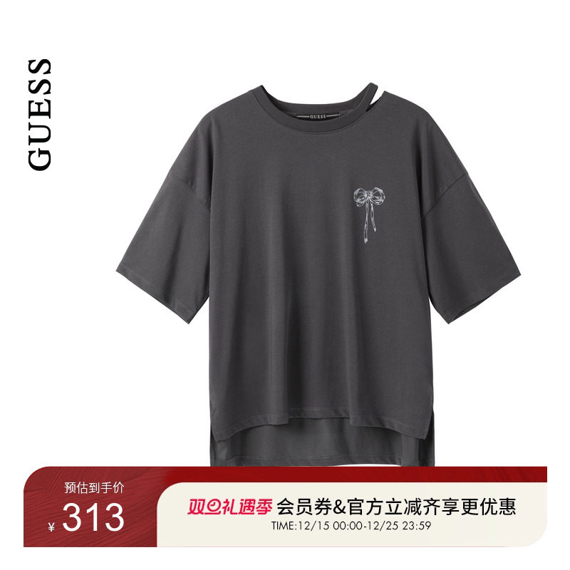 GUESS女士前短后长蝴蝶结镂空设计短袖T恤-YP2K1450