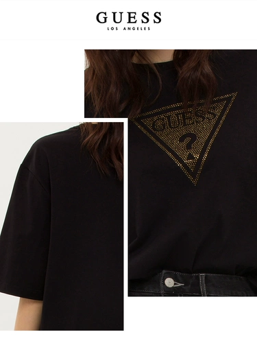 GUESS Женская французская чистое хлопковое бриллиантовое дизайн короткий круглый шейный плеч