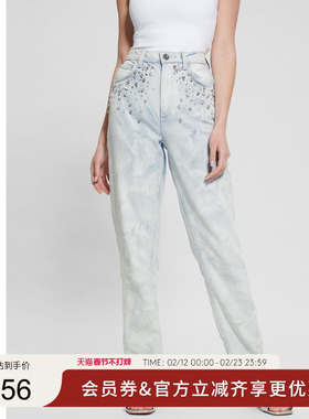 GUESS女士手工钉水钻款浅色水洗牛仔裤-W4GA21D5B62