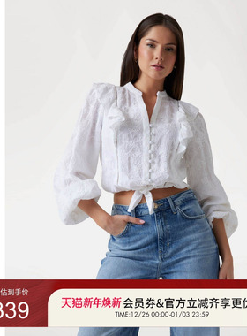 GUESS女士木耳边系带蕾丝镂空长袖T恤-W5YH80WHEN0