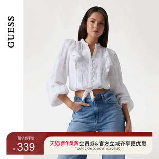 GUESS女士木耳边系带蕾丝镂空长袖 W5YH80WHEN0 T恤