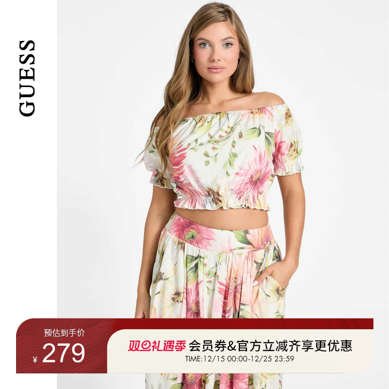 GUESS一字肩短款罗纹收边上衣