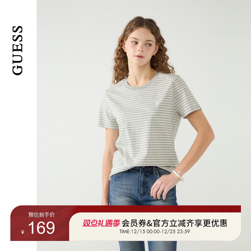 GUESS女士简约百搭条纹显瘦正肩短袖T恤-YP2K9430