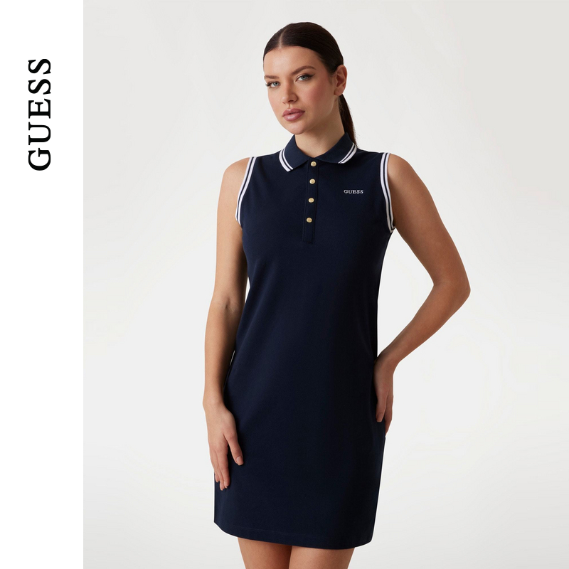 GUESS简约无袖翻领针织连衣裙