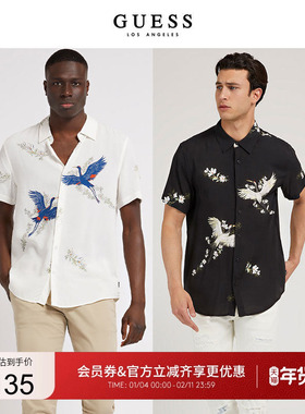 GUESS男士 国风飞鹤印花领时尚休闲短袖衬衫-M2GH31WD4Z2