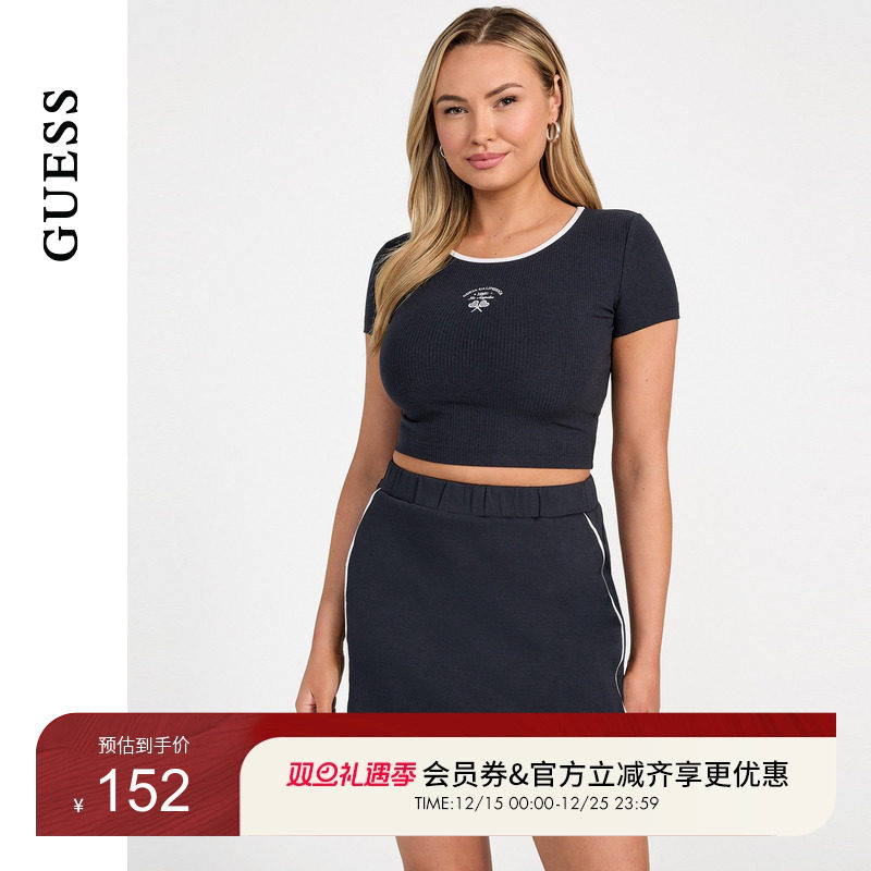 GUESS短款修身圆领上衣T恤