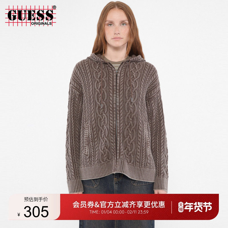 GUESSOriginals女士时尚麻花纹理连帽拉链开衫