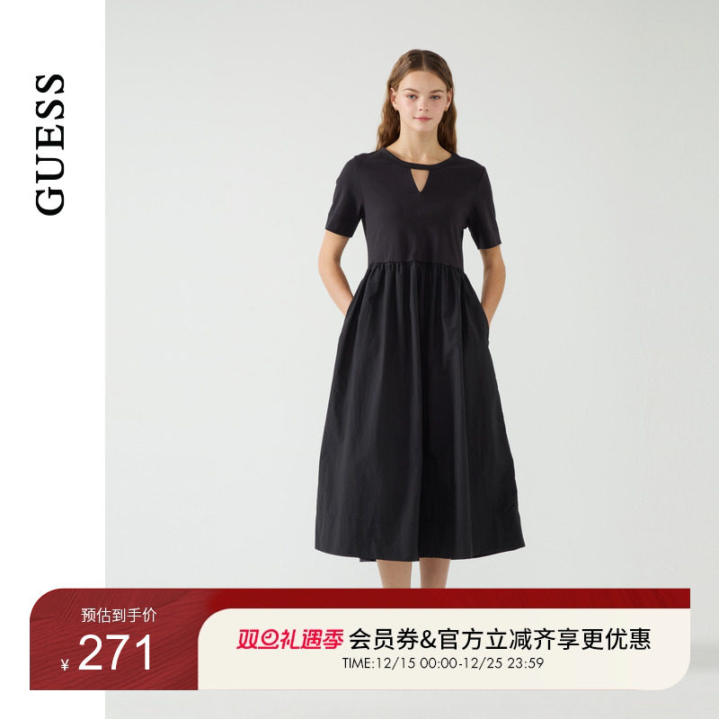 GUESS女士三角镂空气质纯色口袋小黑裙-W5PK1KK2Q40