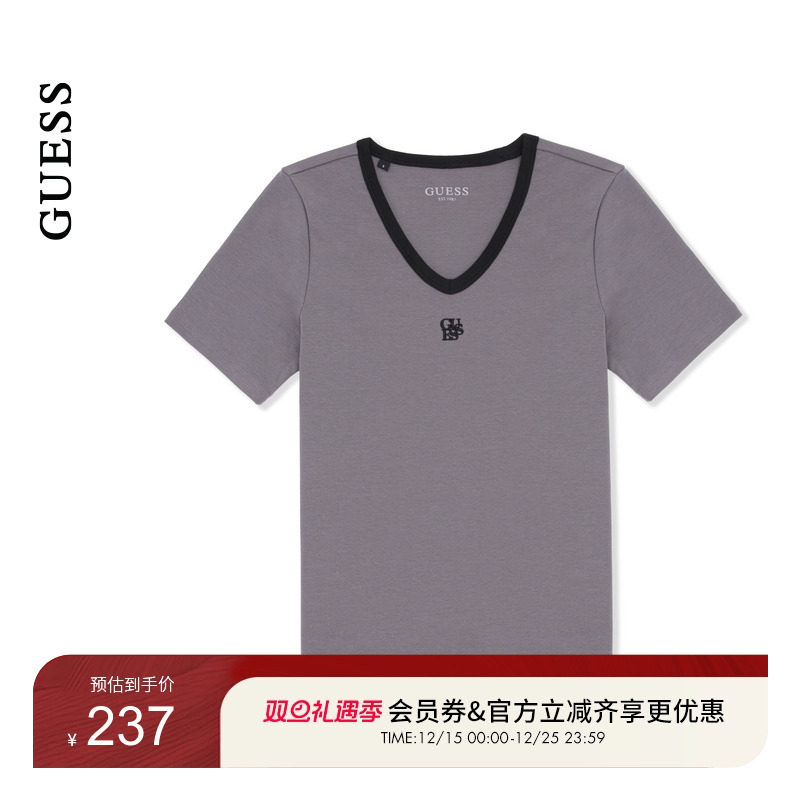 【秀智明星同款】GUESS25年新款夏季女士简约v领短袖T恤-YP2K2435