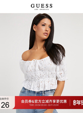 GUESS女法式大方领镂空刺绣收腰泡泡袖衬衫-W2GH39WEIV0