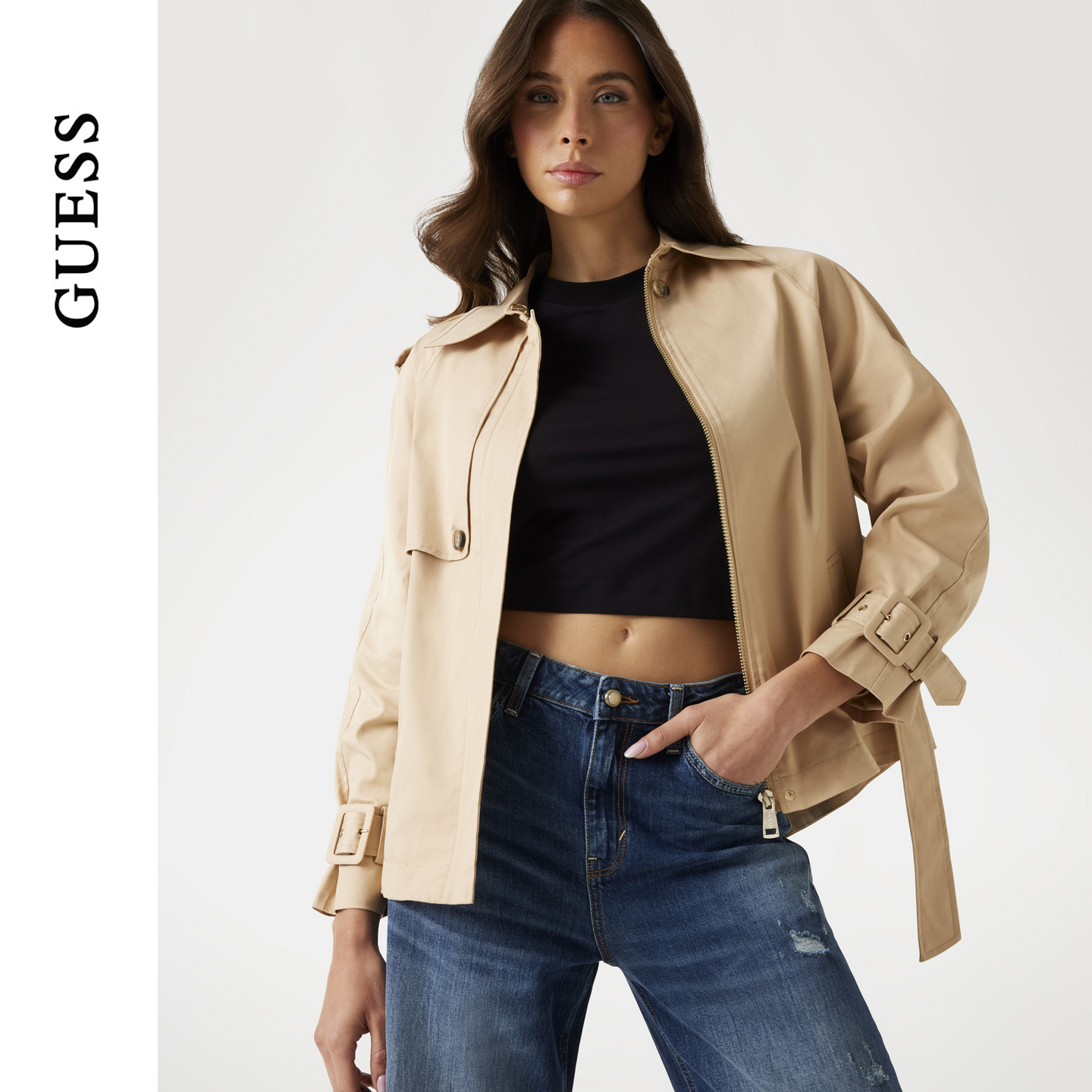 GUESS25年新款早秋女士简约翻领束带利落通勤外套-W5YL01WHDF1