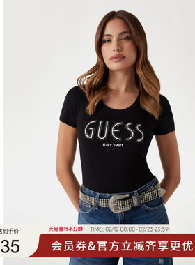 GUESS女士镶钻logo百搭修身短袖T恤-W5YI05J1314
