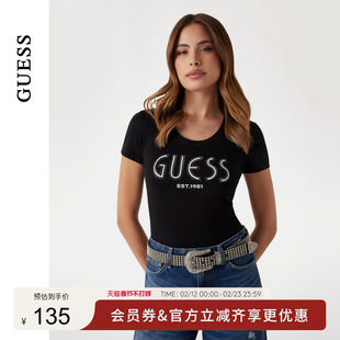 GUESS女士镶钻logo百搭修身短袖T恤-W5YI05J1314