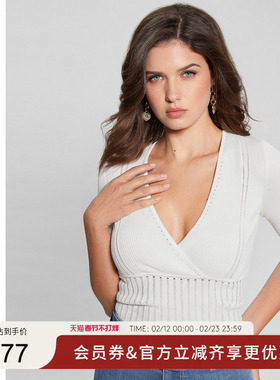 GUESS女士破洞交叉领深V修身短袖针织衫-W3GR17Z2U00