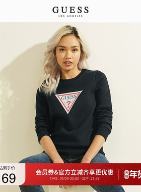 GUESS情侣2020新冬女倒三角LOGO圆领加绒套头卫衣-YK3K6420K-BLK