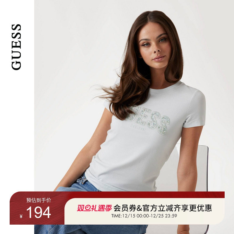 GUESS女士刺绣镶钻气质修身正肩短袖T恤-W5GI04J1314