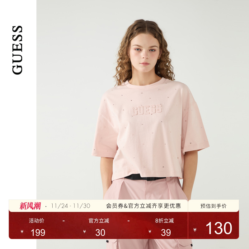 GUESSlogo烫钻装饰短袖T恤