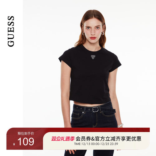 GUESS女士logo款修身黑色通勤短袖T恤-W4PI0FK2Q40