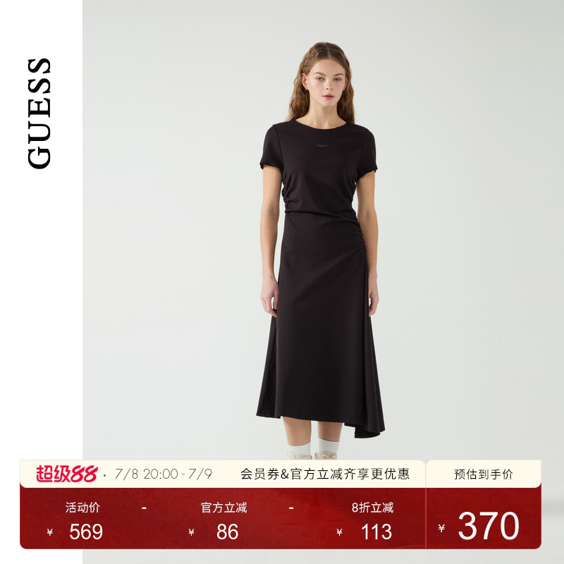 GUESS25年新款春季女士褶皱收腰圆领短袖气质连衣裙-W5PK1HK2Q40