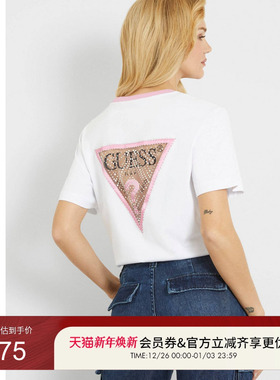 GUESS女士后背透视镂空镶钻三角logoT恤-W4GI35JA914