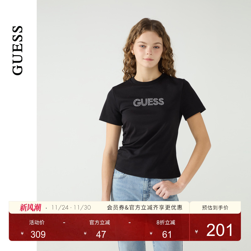 GUESS抽褶设计印花圆领短袖T恤