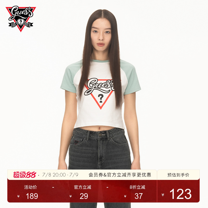 GUESS撞色插肩袖罗纹圆领T恤短袖