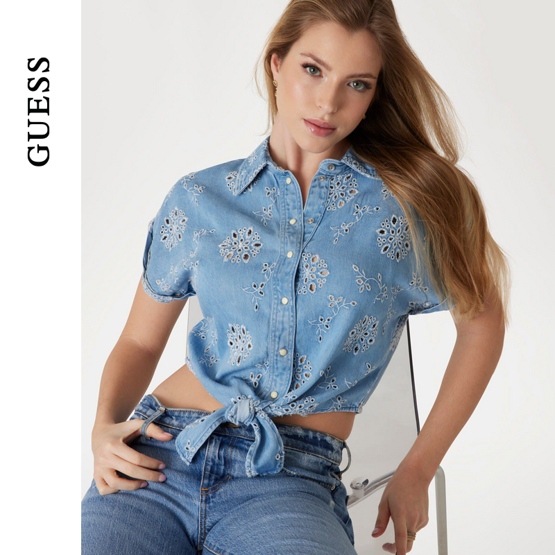 GUESS25年新款夏季女士美式复古短款系带镂空衬衫-W5GH34D5N63