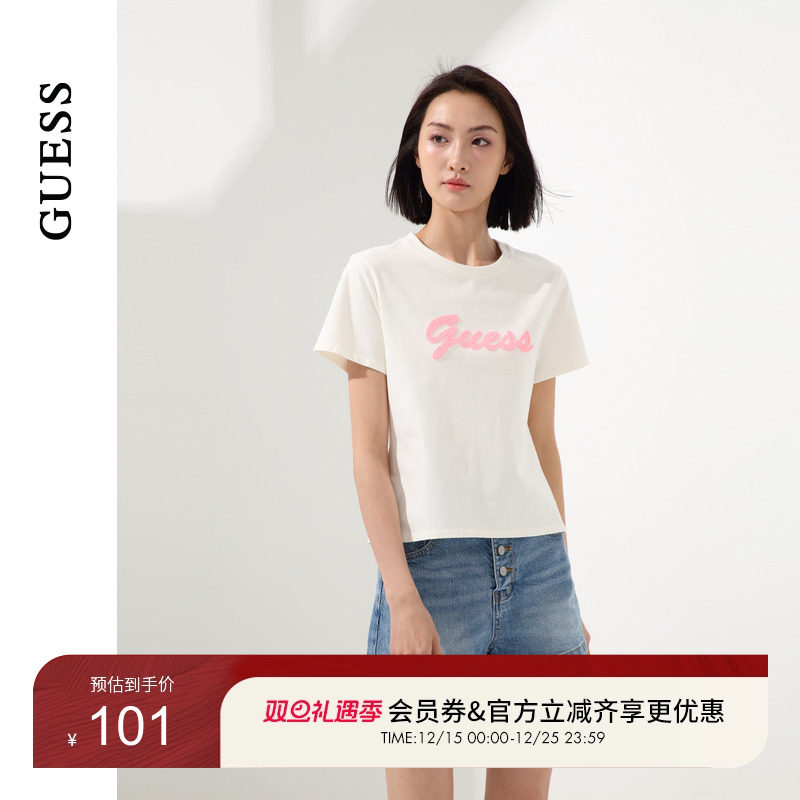 GUESS女士黑粉白粉撞色芭比搭配T恤短袖-Q4PI09K2Q40