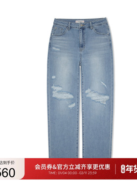 GUESS女士美式磨损设计款直筒通勤牛仔裤-YO2D7079