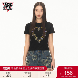 YUEQI QI联名系列 女士爱心别针印花修身 T恤 正肩短袖 GUESS