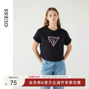 GUESS女士闪亮倒三角烫钻logo短袖T恤-W5PP81K2Q40