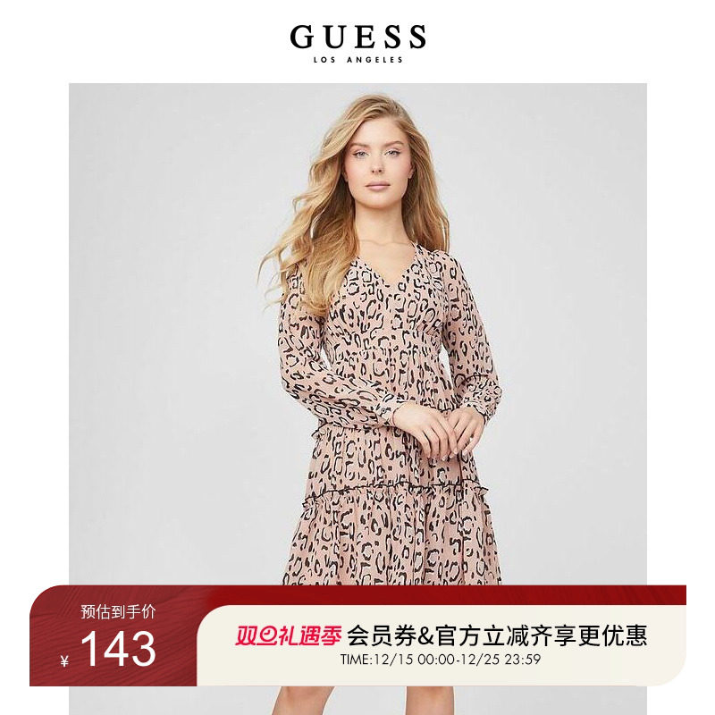 Guess新夏女印花V领长袖连衣裙