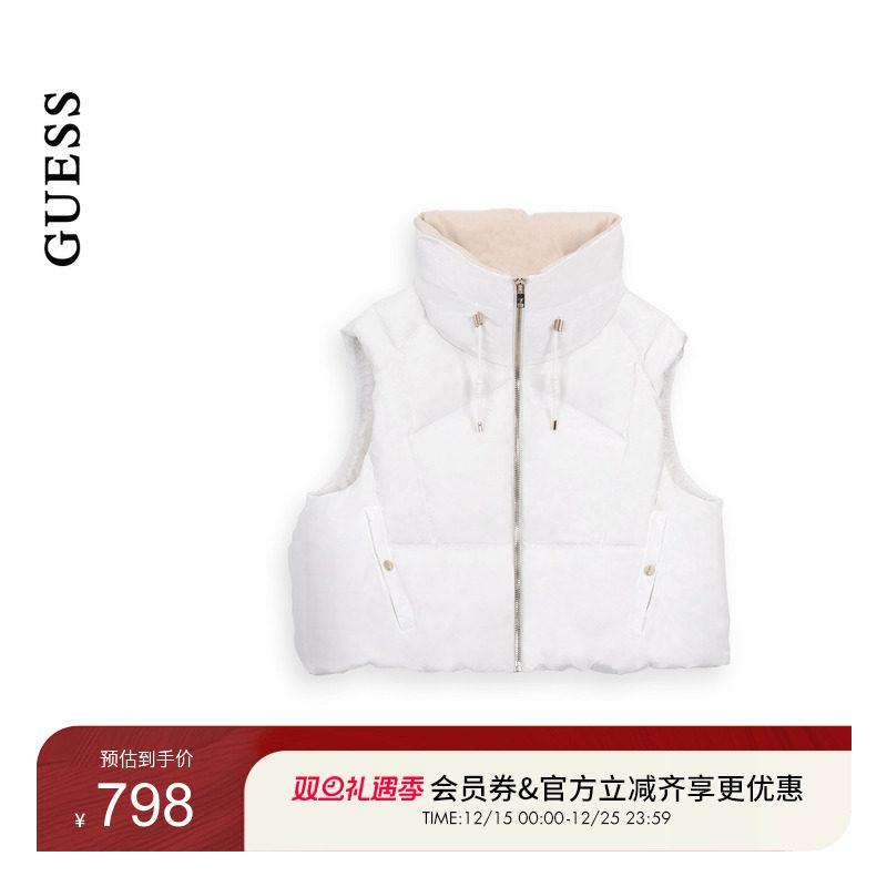 GUESS25年新款早秋女士短款立领拉链保暖背心羽绒马甲-YP4W5878
