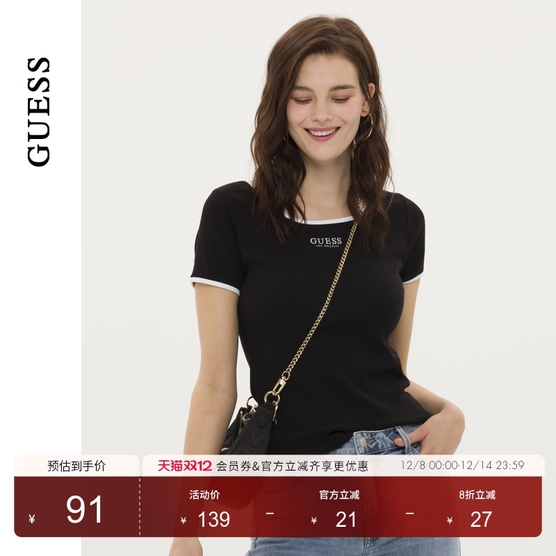GUESS刺绣小logo撞色短袖圆领T恤