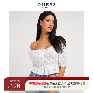 W2GH39WEIV0 衬衫 GUESS女法式 大方领镂空刺绣收腰泡泡袖