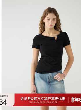 GUESS女士金属开口显瘦纯欲抽褶正肩T恤-W5PP79K2Q40