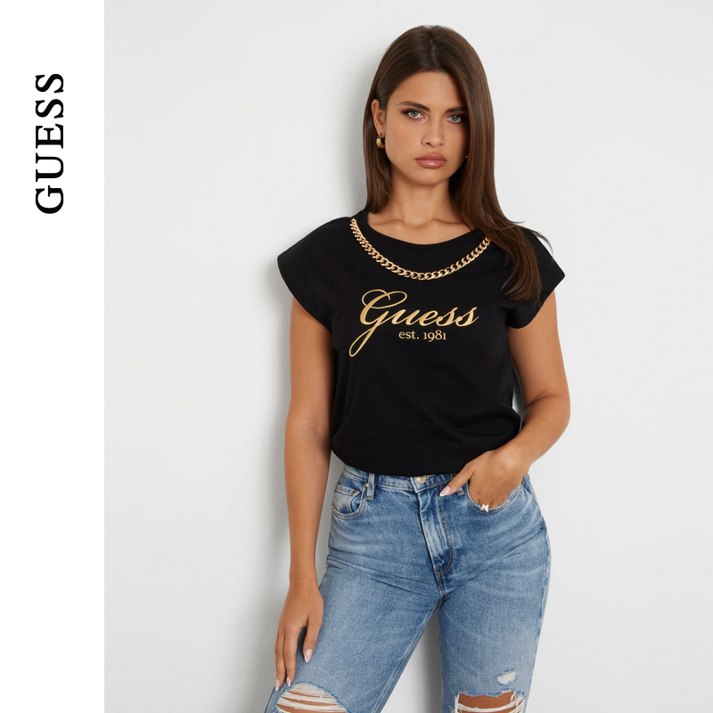 GUESS镶钻链条配饰收腰T恤