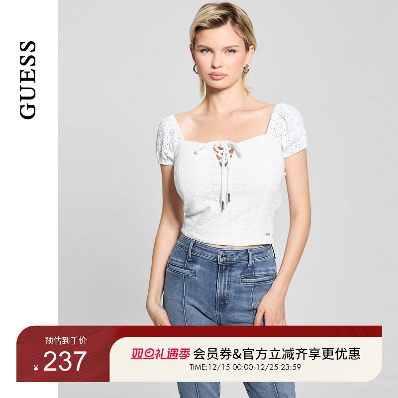 GUESS泡泡袖镂空透气短袖上衣