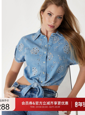 GUESS女士美式复古短款系带镂空衬衫-W5GH34D5N63