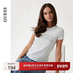 GUESS女士刺绣镶钻气质修身正肩短袖T恤-W5GI04J1314