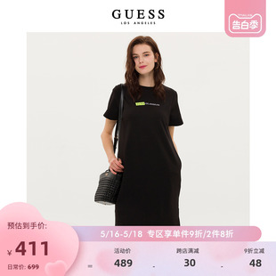 女士绣花短袖 圆领黑色宽松连衣裙 春季 GUESS24年新款 Q3PK33K2Q40