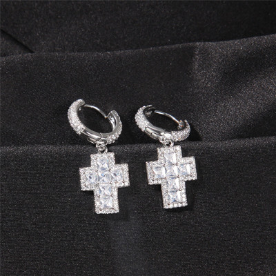 Hiphop锆石满钻十字架耳环男