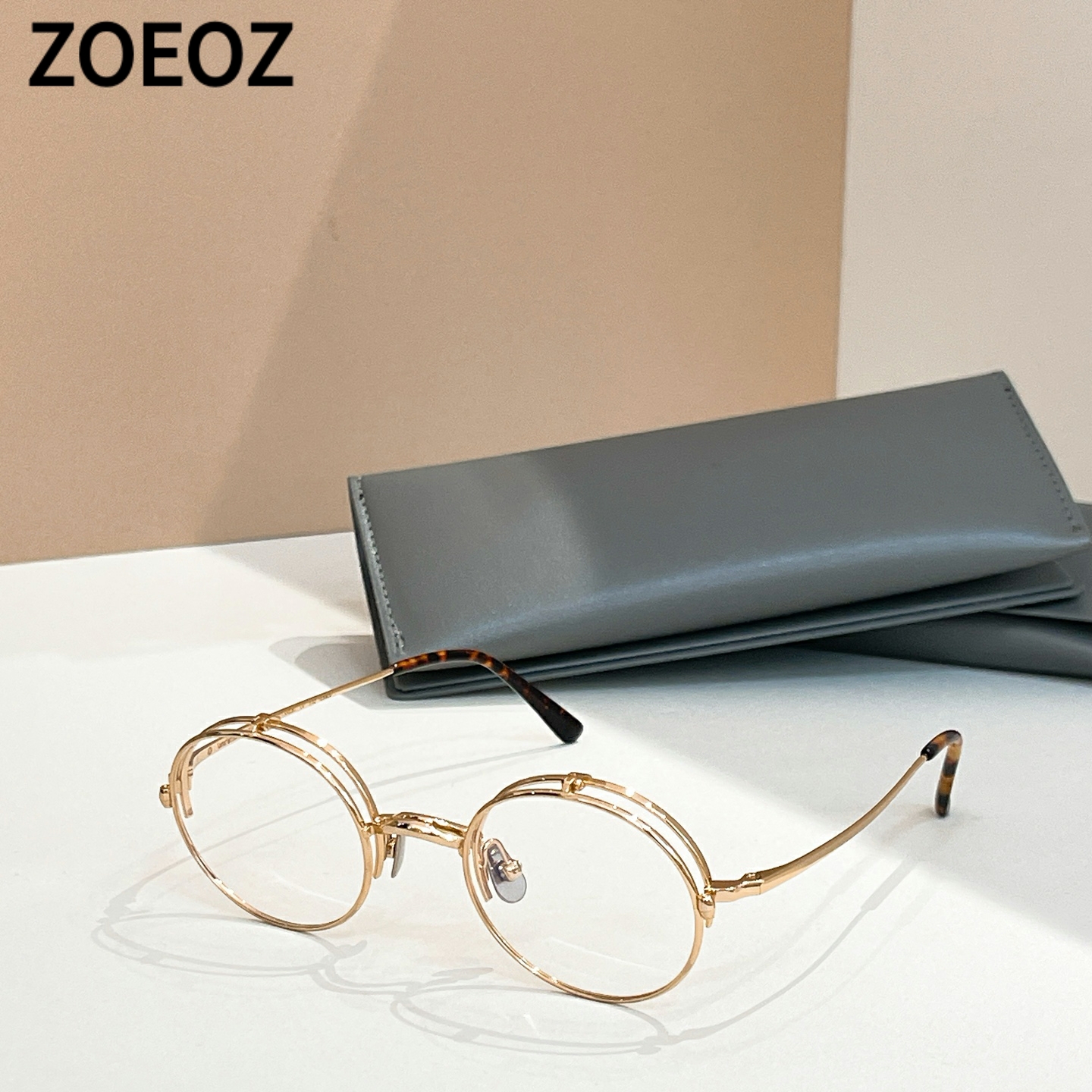 日本设计师款古铜色金属框圆形翻盖眼镜框男潮款近视中小脸型镜框