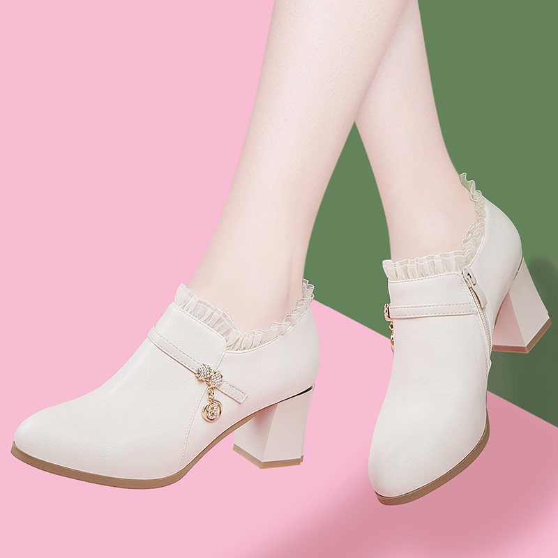 小圆尖头春秋女士皮鞋中跟单鞋2025年新款女鞋真皮深口高跟鞋粗跟