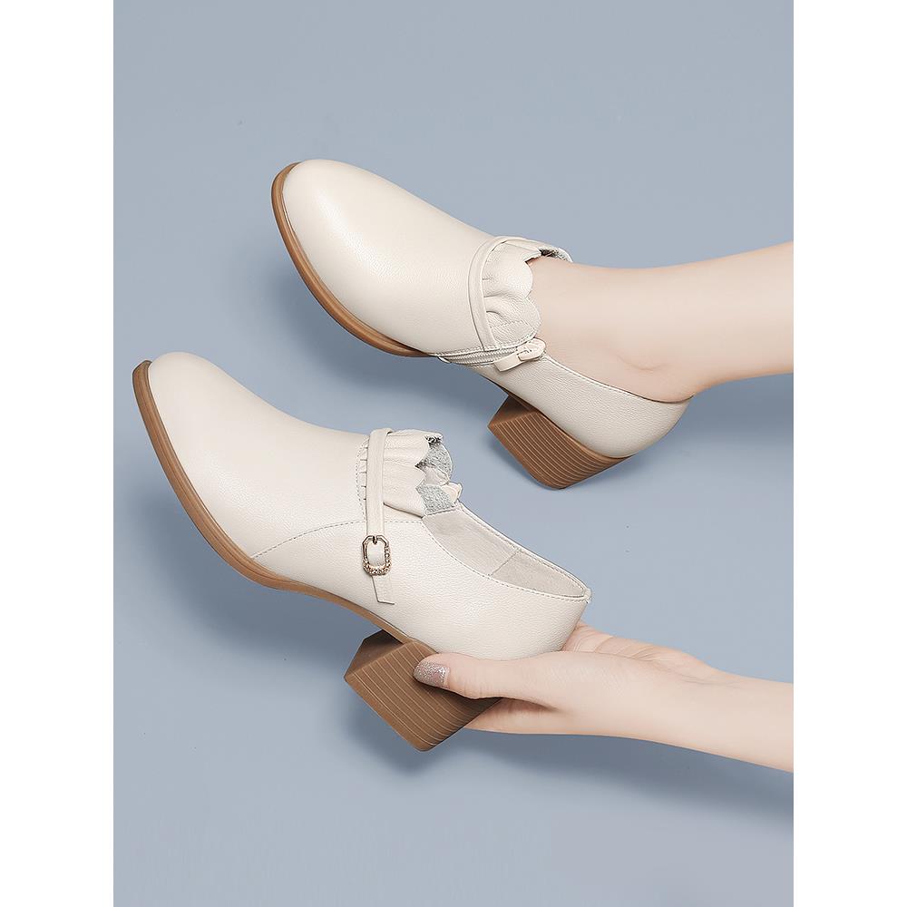 白色小皮鞋女英伦风真皮粗跟中跟春夏2025新款高跟鞋深口软皮单鞋