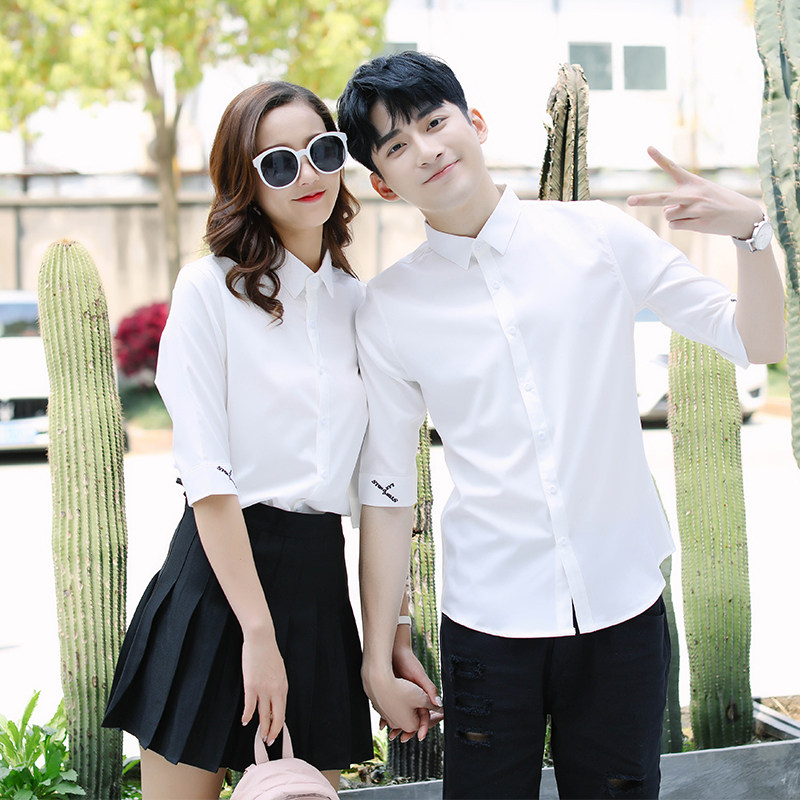 21夏天薄款中袖衬衫情侣装简约纯色五分袖衬衣男女生打底寸衫白色
