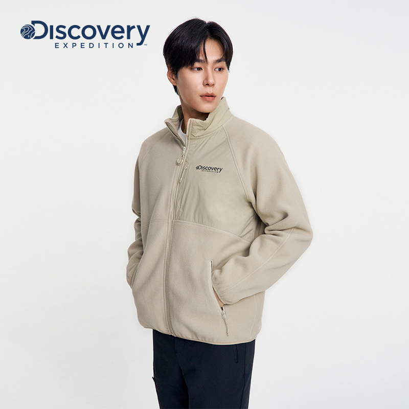 Discovery探索秋冬户外徒步露营保暖摇粒绒拼接夹克外套男