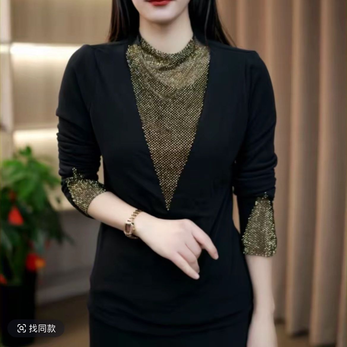 镶钻加厚一体绒保暖长袖法式女T恤内搭百搭显瘦黑色打底遮肉上衣