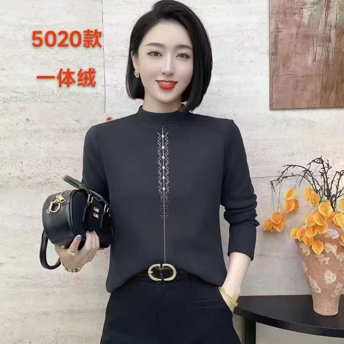 双面慕斯绒打底新款T恤上衣半高领时尚加厚一体绒保暖长袖上衣女